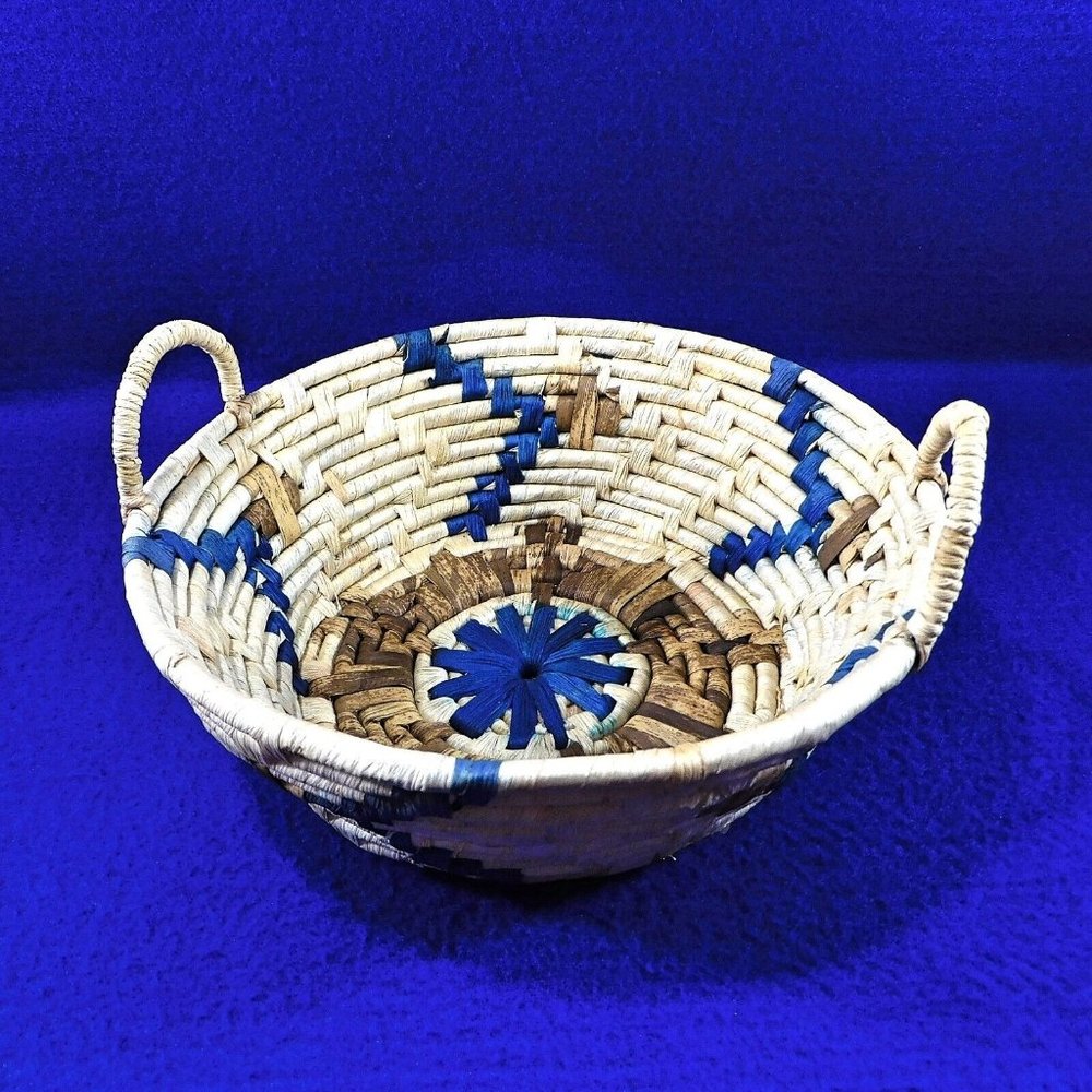 Coiled Basket Bowl Hand Woven Natural Sea Grass Handles Bohemian Tribal Blue